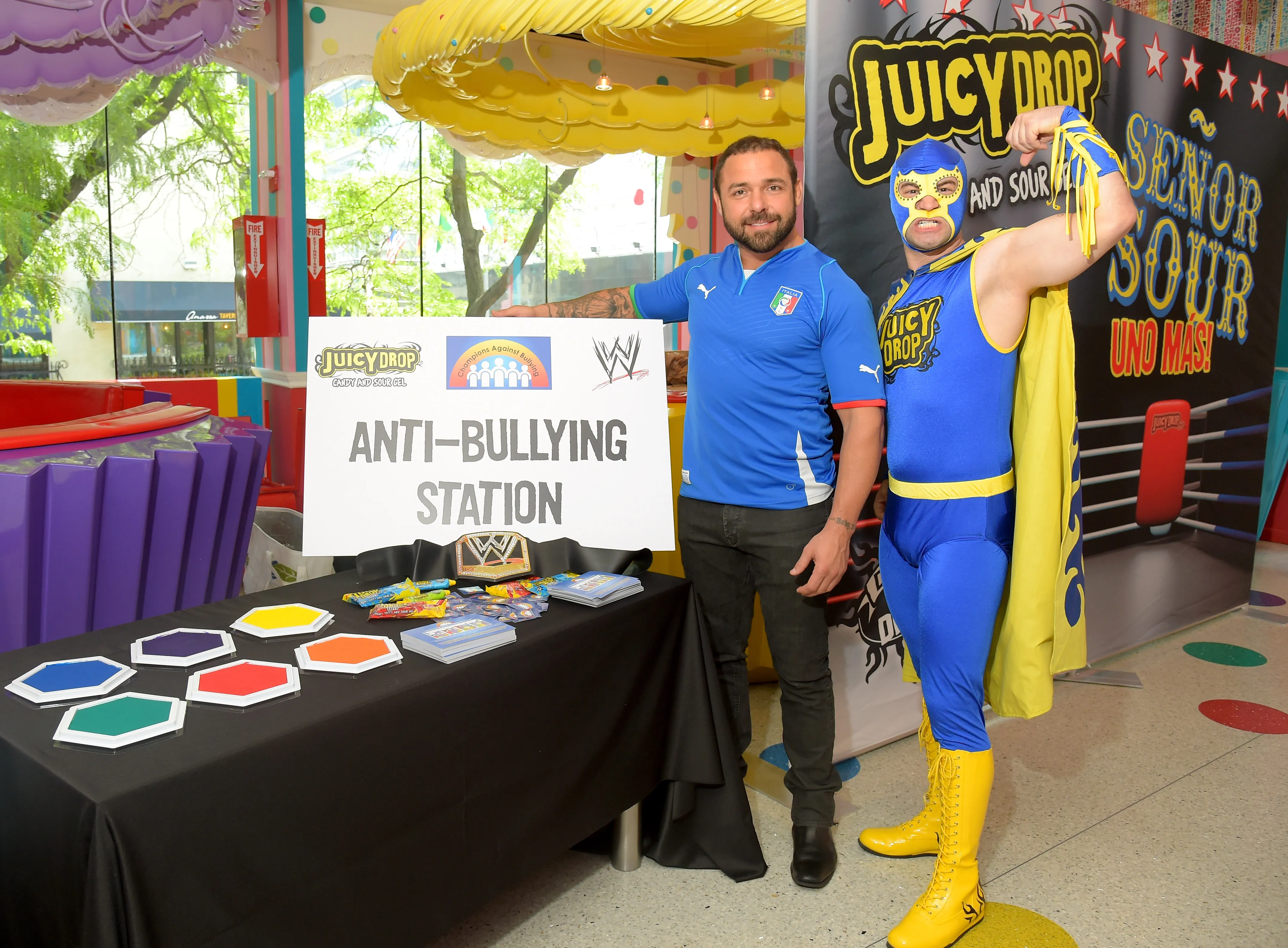 NEW YORK, NY - JULY 02: Senor Sour (R) and Santino Marella attend Juicy Drop and WWE Superstar Santino Marella dare kids to test their limits benefitting Champions Against Bullying at Dylan's Candy Bar on July 2, 2014 in New York City. (Photo by Michael Loccisano/Getty Images for Bazooka Candy Brands/Topps) NEW YORK, NY - JULY 02: Senor Sour (R) and Santino Marella attend Juicy Drop and WWE Superstar Santino Marella dare kids to test their limits benefitting Champions Against Bullying at Dylan's Candy Bar on July 2, 2014 in New York City. (Photo by Michael Loccisano/Getty Images for Bazooka Candy Brands/Topps)