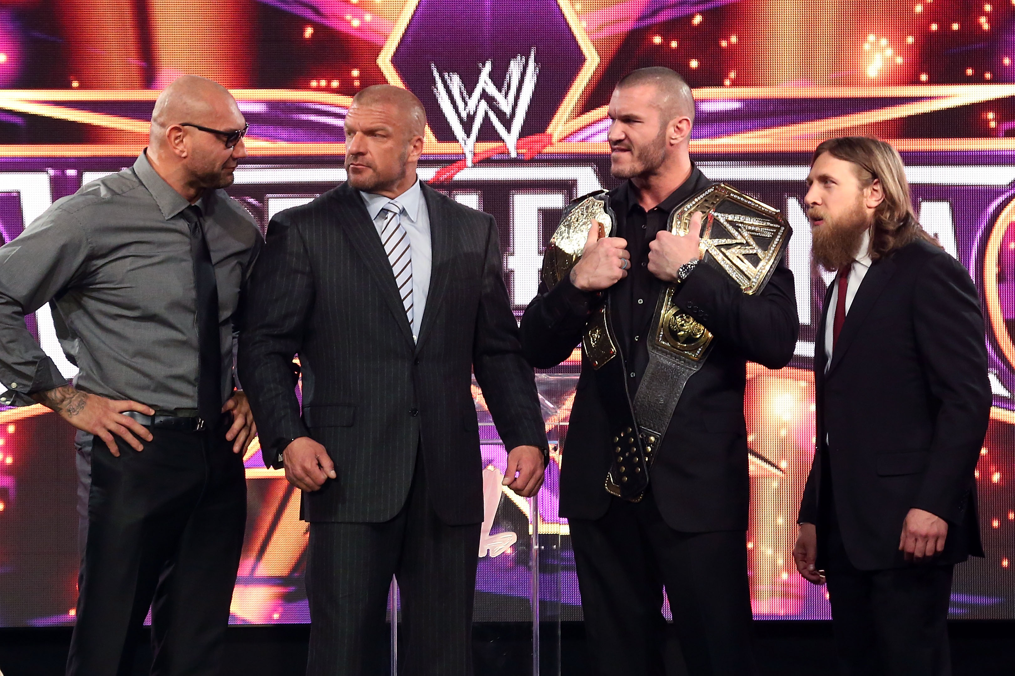 NEW YORK, NY - APRIL 01: Dave Batista, Triple H, Randy Orton, and Daniel Bryan attend the WrestleMania 30 press conference at the Hard Rock Cafe New York on April 1, 2014 in New York City. (Photo by Taylor Hill/WireImage) NEW YORK, NY - APRIL 01: Dave Batista, Triple H, Randy Orton, and Daniel Bryan attend the WrestleMania 30 press conference at the Hard Rock Cafe New York on April 1, 2014 in New York City. (Photo by Taylor Hill/WireImage)