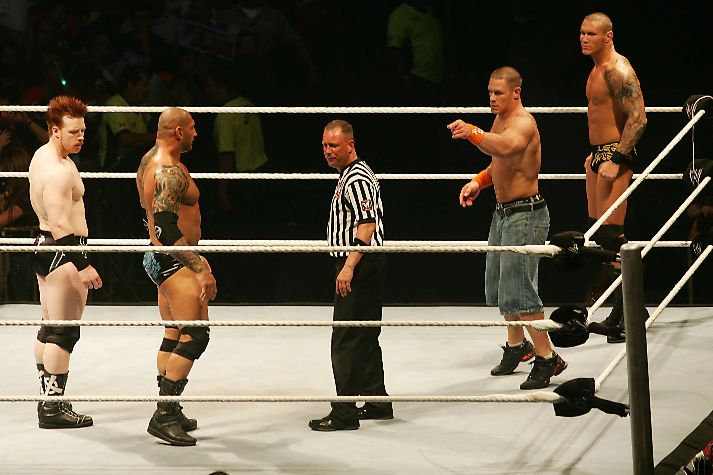MONTERREY, MEXICO - MAY 05: Wrestling fighters (L-R) Sheamus, Batista, John Cena and Batista fight during the WWE RAW wrestling function on May 5, 2010 in Monterrey, Mexico. (Photo by Alfredo Lopez/Jam Media/LatinContent/Getty Images) MONTERREY, MEXICO - MAY 05: Wrestling fighters (L-R) Sheamus, Batista, John Cena and Batista fight during the WWE RAW wrestling function on May 5, 2010 in Monterrey, Mexico. (Photo by Alfredo Lopez/Jam Media/LatinContent/Getty Images)