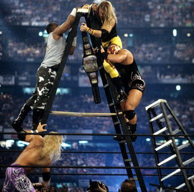 Christian Cage and Edge take part in the TLC match at WrestleMania X-7.