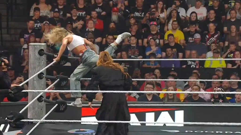 WATCH: Sol Ruca Slips During Finisher on Becky Lynch During RAW Contract Signing