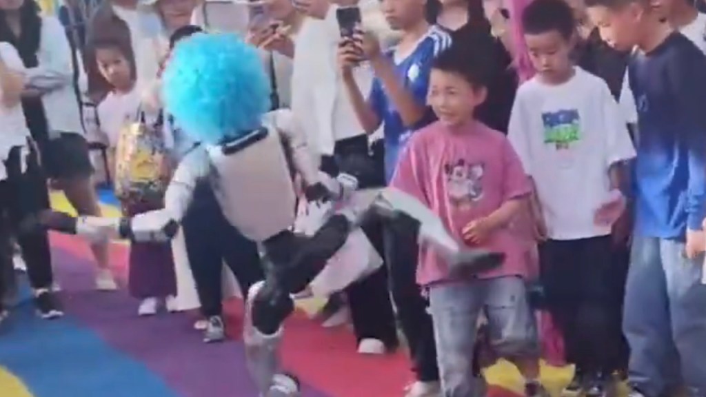 robot kicks child