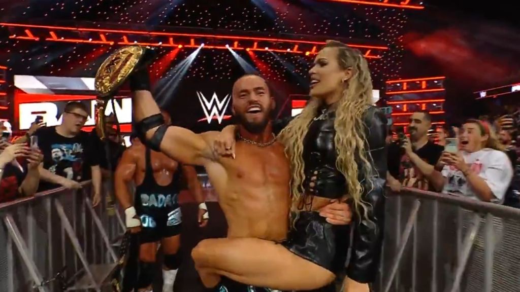 Maxxine Dupri with Austin Theory on WWE RAW